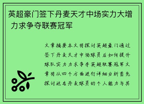 英超豪门签下丹麦天才中场实力大增 力求争夺联赛冠军